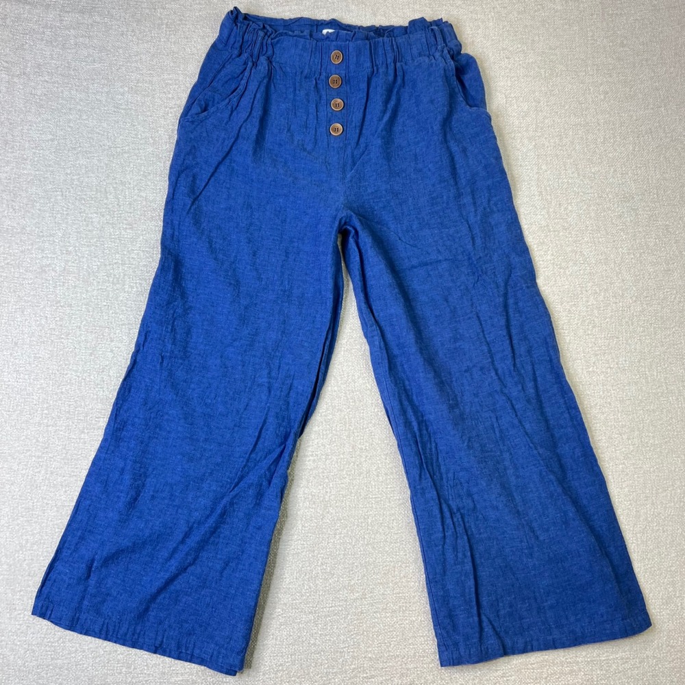 c+j collection 100% Linen Wide Leg Paperbag Waist Pants Womens‎ Blue Size L